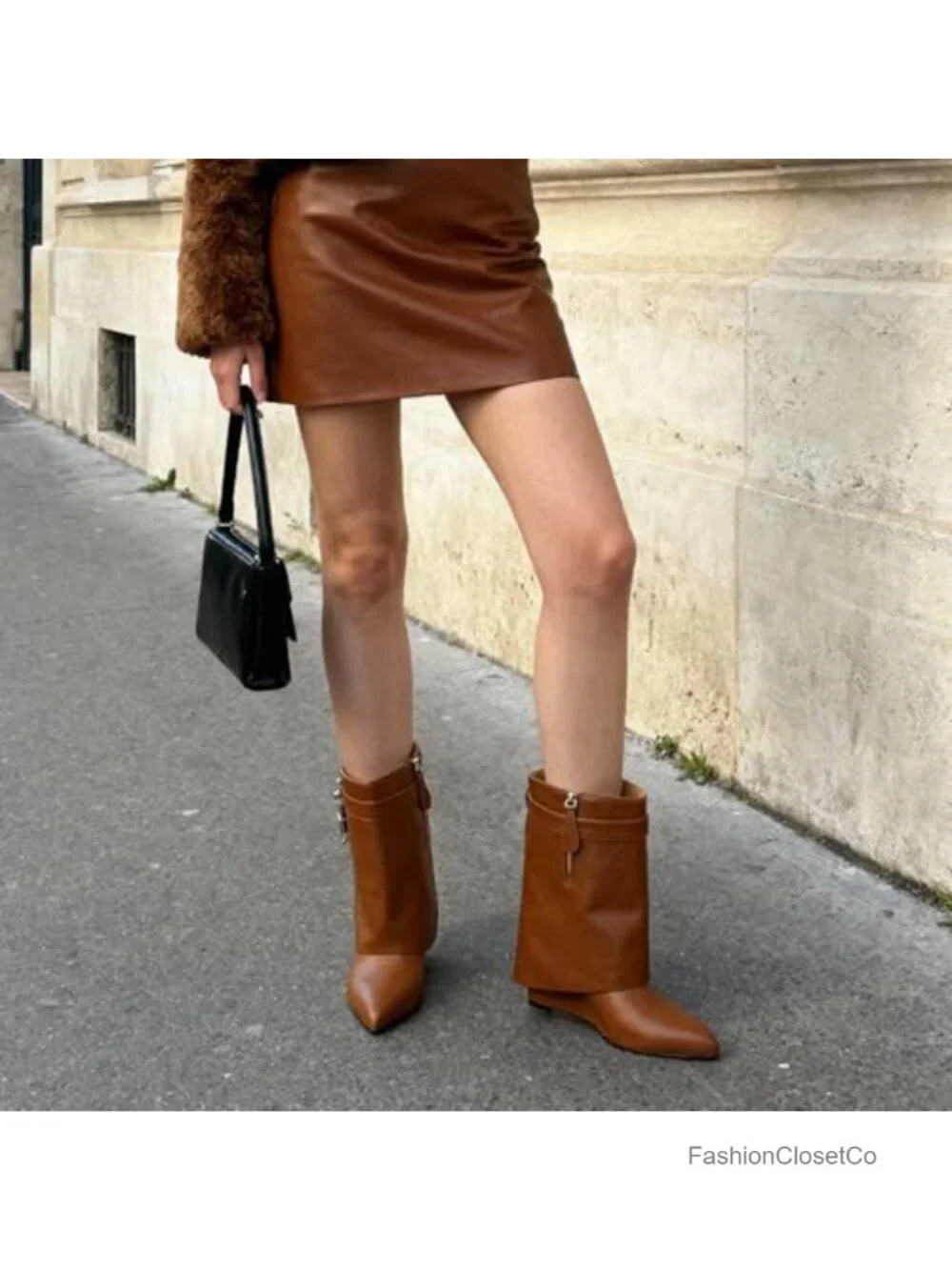 Fold Over Mid Calf Wedge Heel Pull On Padlock Ankle Boots Faux Leather